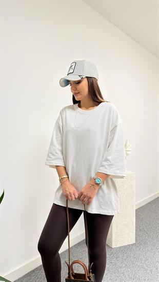 Beyaz Dera Bisiklet Yaka Basic Tshirt