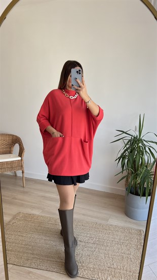 Önden Cepli Nar Çiçeği Tunik