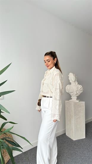 Mengo Bej Nakışlı Gömlek