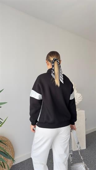 Fermuar Ve Varak Detaylı Siyah Sweatshirt