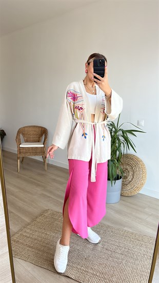 Renkli Nakış Detaylı Keten Kimono