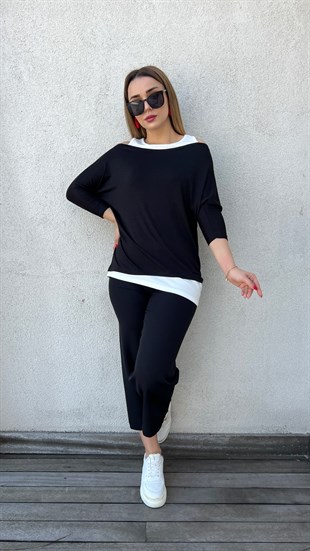 Atlet Detaylı Asimetrik Siyah Bluz