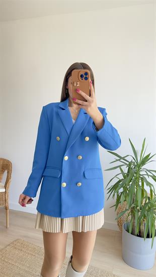 Renkli Astarlı Mavi Blazer Ceket