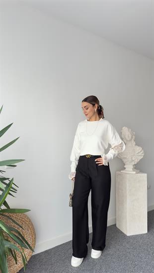 Kollar Güpür Detaylı Beyaz Modal Sweat