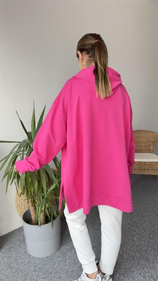 İki İplik Yanları Yırtmaçlı Fuşya Sweat