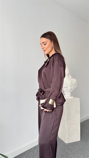 Kahve Biar Saten Bluz Pantolon Takım
