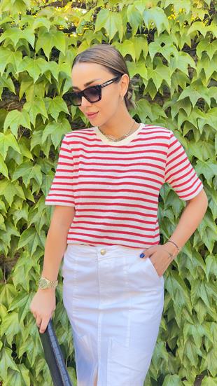 Orj Marka Kırmızı Çizgili Örme Bluz