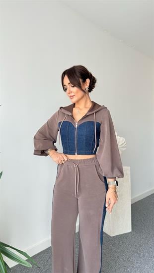 Kahve Bres Kot Garnili Modal Eşofman Takımı