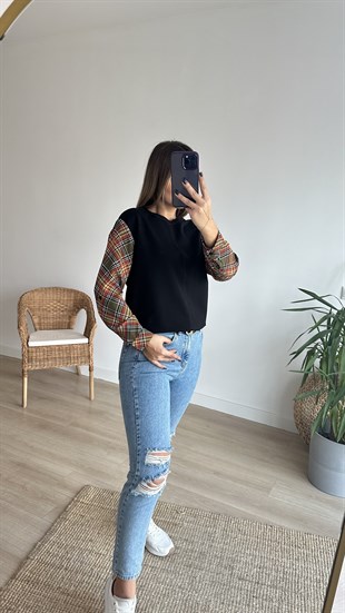 Kolları Ekose Desen Siyah Sweat