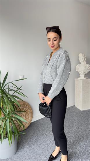 Zra Model İncili Gri Triko Hırka 