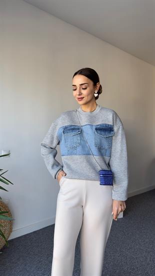 Kais Kot Garnili Taşlı Gri Sweatshirt