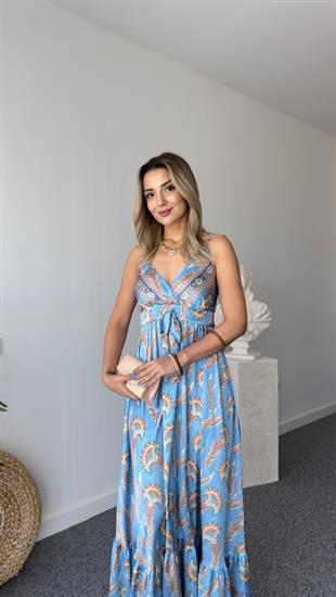 Mavi Etnik Desen Saten Premium Elbise
