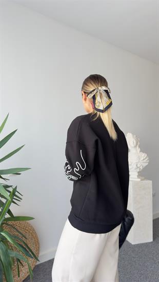 Bowie Kollar Nakış Detaylı Siyah Sweatshirt