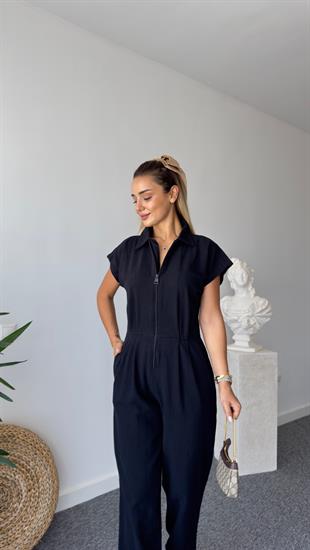 Selvie Siyah Önden Fermuarlı Siyah Tulum