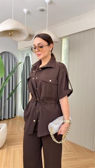 Kahve Verba Gold Düğme Büzgülü Takım