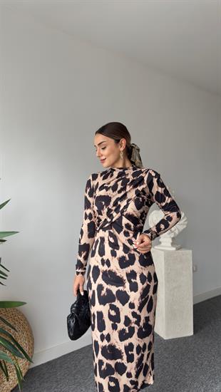 Holty Yaka Detay Leopar Desenli Elbise 
