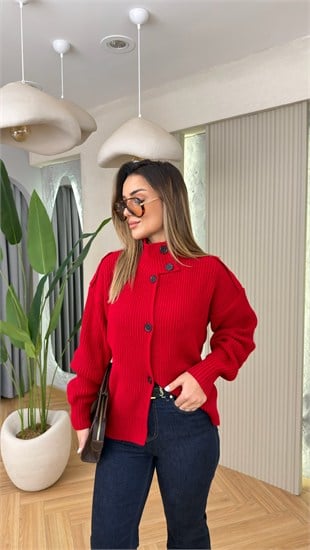 Kırmızı Dik Yaka Triko Hırka