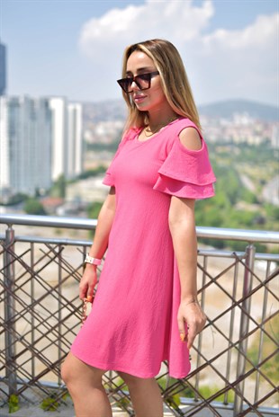 Omuz Pencere Detaylı Pembe Basic Elbise