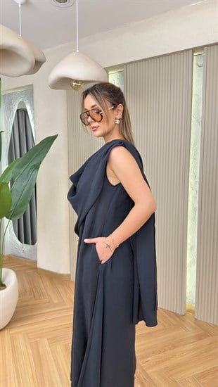 Lacivert Bolia Şal Detaylı Tensel Kumaş Elbise 