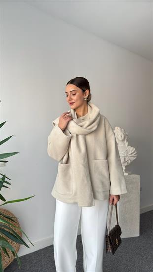 Yuthi Kaşkol Detaylı Astarlı Bej Kaban