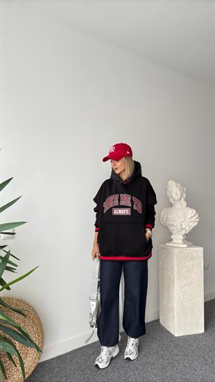 Eddy Yazılı Kapitone Kapüşonlu Siyah Sweatshirt