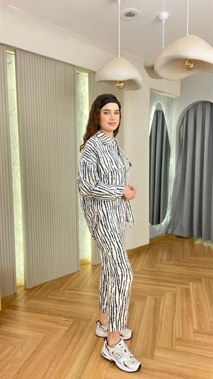 Mavi Desenli Ceket Pantolon Takım