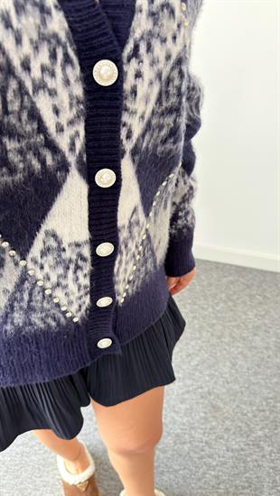 Mavi Paro Taş Detaylı Baklava Desen Hırka