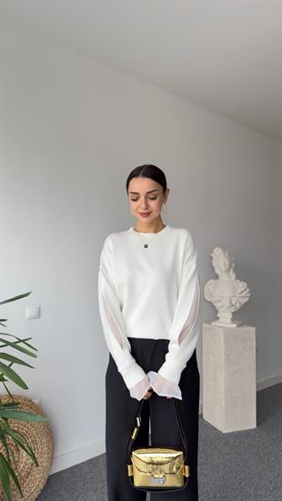 Kolu Pencereli Tül Detay Beyaz Modal Sweat