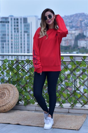 Sırtı Yazı Detaylı Kırmızı Sweatshirt