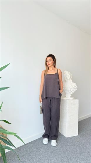 Kahve Elyor Tensel Bluz Pantolon Takım