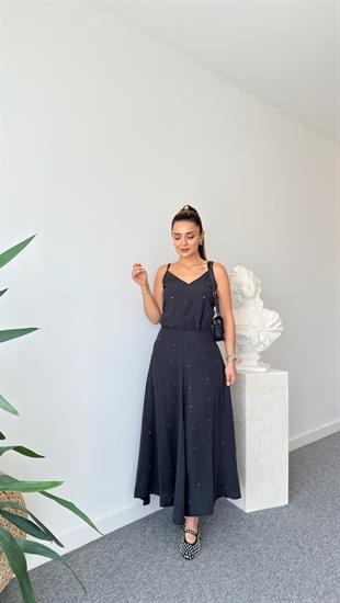 Siyah Kuşgözü Detaylı Etekli Bluz Takım