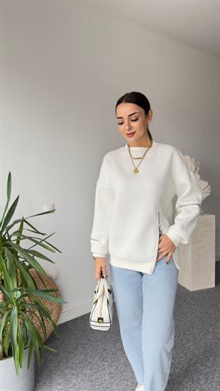 Legra Fermuar Detaylı Beyaz Sweatshirt