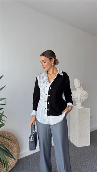 Siyah Triko Detaylı Gömlek