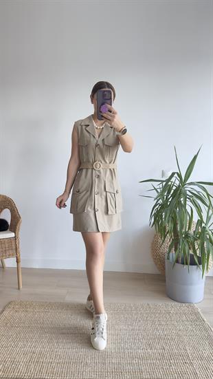 Utto Zra Model Kemerli Bej Keten Elbise