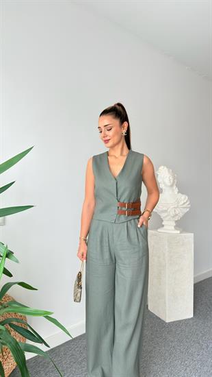 Haki Pevil Kemer Detaylı  Yelek Pantolon Takım