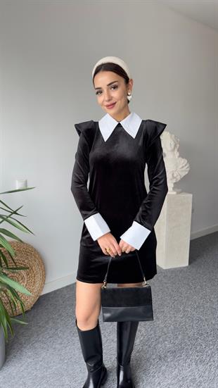 Marka Model Gömlek Yaka Siyah Kadife Elbise 