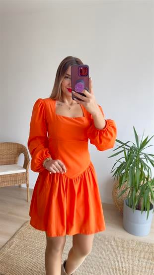 Turuncu Kare Yaka Poplin Elbise