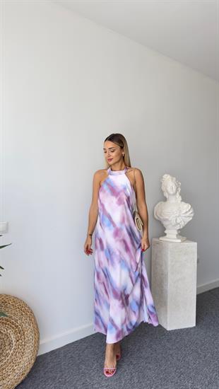 Lila Halter Yaka Desenli Elbise 