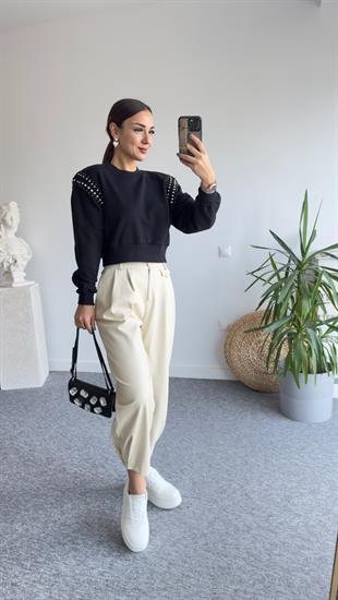 Rime Omuzlar Taşlı Siyah Sweat