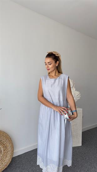 Flare Çizgili Etek Ucu İşlemeli Elbise 