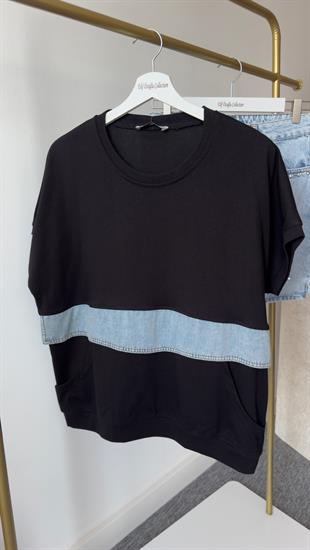 Kot Şeritli Siyah Tshirt