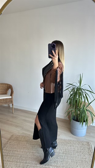 Püskül Detaylı Kahve Deri Ceket
