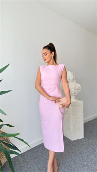 Pembe Floras Yırtmaçlı Keten Elbise 