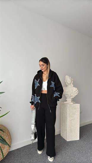 Denim Yıldız Detaylı Siyah Tasarım Takım