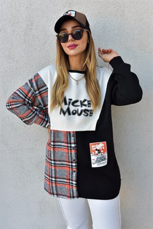 Ekose Detaylı Mickey Mouse Siyah Sweat	