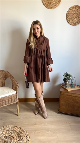 Volanlı Kahve Poplin Elbise