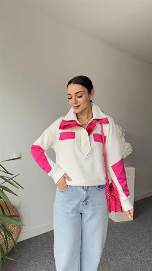 Çift Yaka Pembe Detaylı Tasarım Sweat