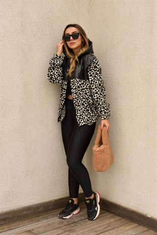 Kapitone Leopar Desen İnce Mont