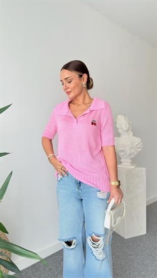 Pembe Kiraz Detaylı Triko Bluz