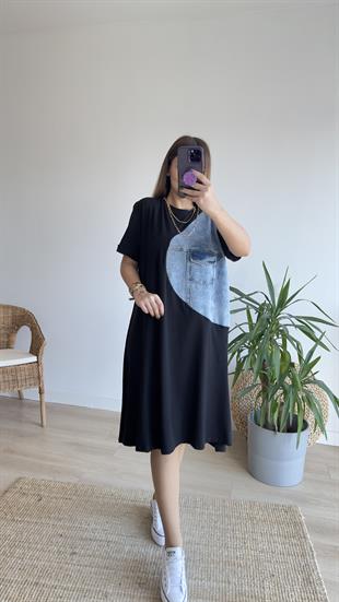 Kot Detaylı Siyah Basic Elbise 